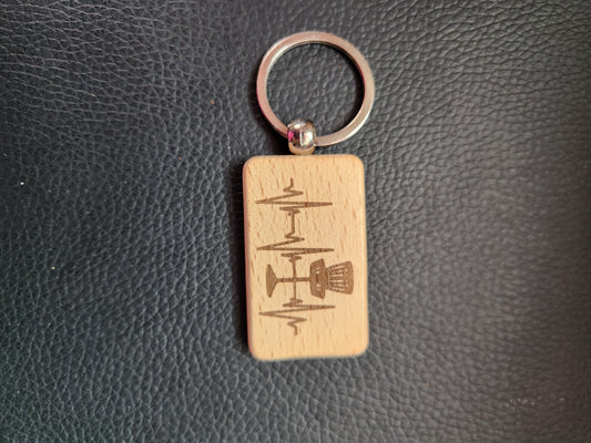 Disc Golf Heartbeat Wood Keychain